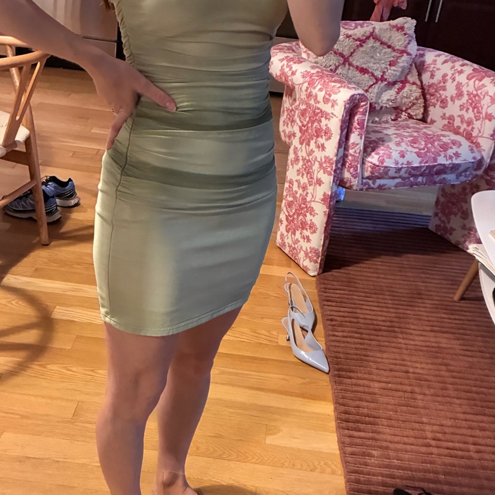 Green Ruched Mini Dress - Picture 3 of 5